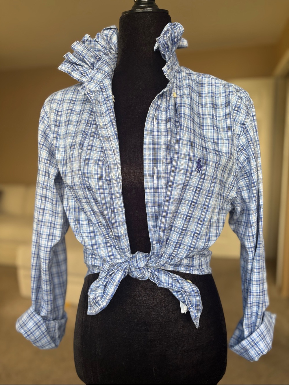 Reworked Ralph Lauren Light Blue & White Plaid Cotton Button-Front Shirt